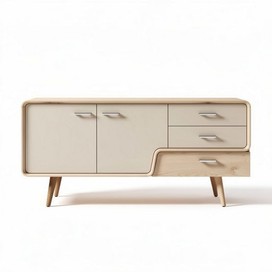 Dressoir van hout met lade en deuren in crèmekleur 150 x 45 x 70cm