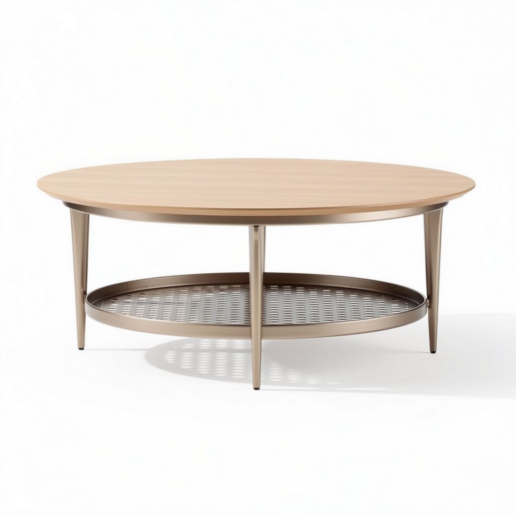 Ronde salontafel van hout en metaal met een diameter van 100 cm en hoogte van 40 cm