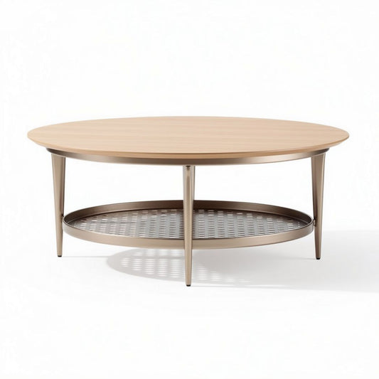 Ronde salontafel van hout en metaal met een diameter van 100 cm en hoogte van 40 cm