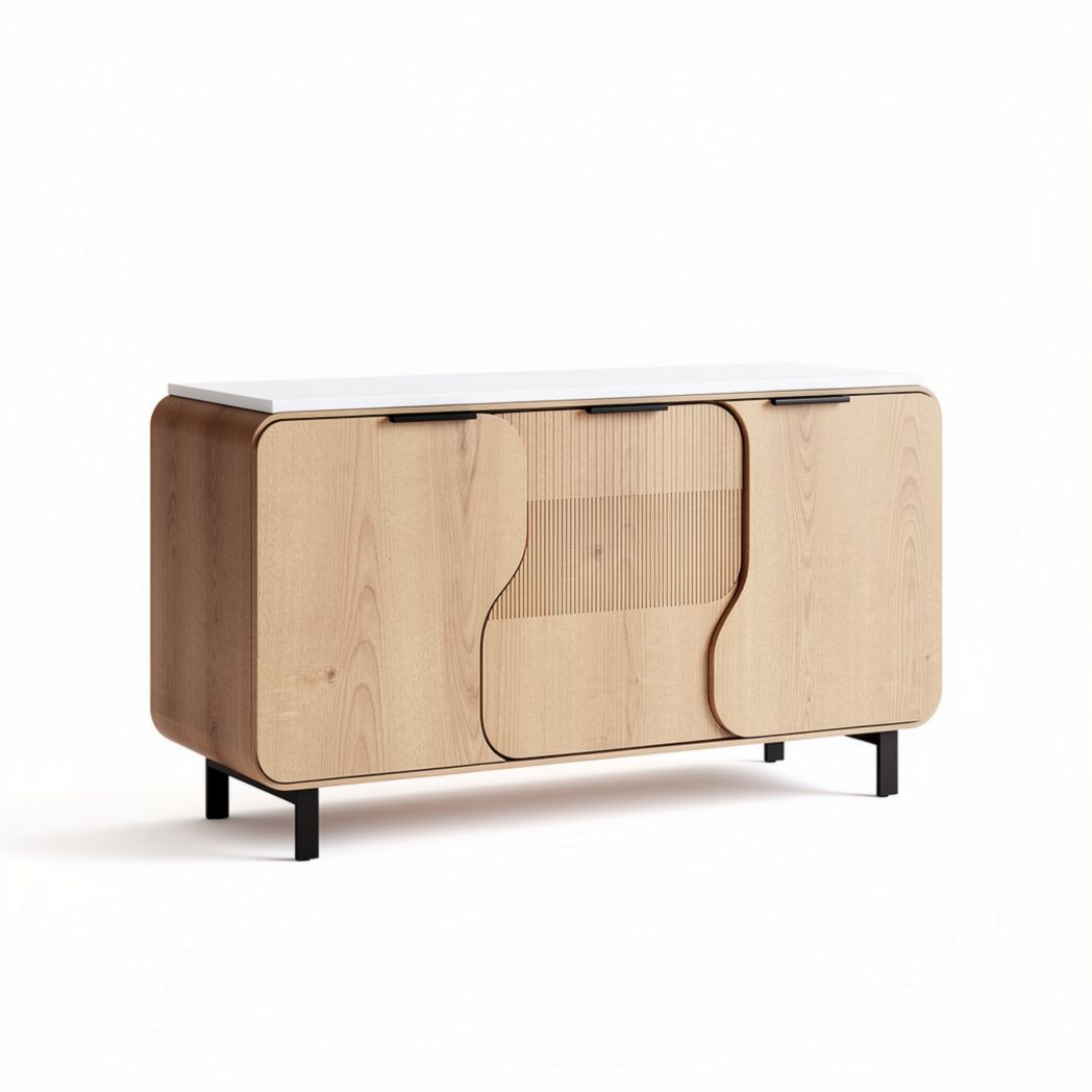 Houten dressoir met witte bovenkant en geribbelde deuren 150 x 45 x 85cm