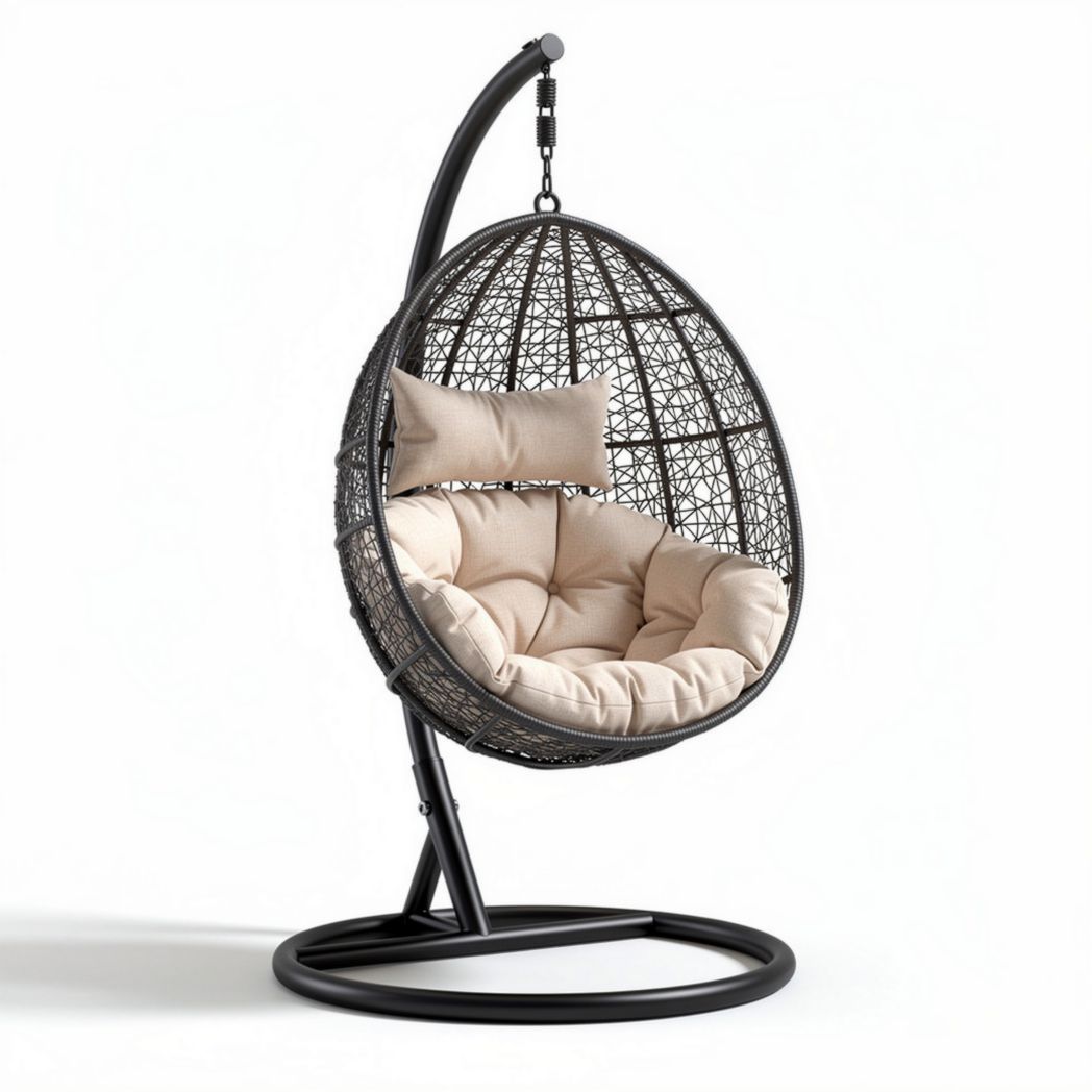 Hangstoel van rotan met zachte kussen en metalen staander 100 x 100 x 150cm