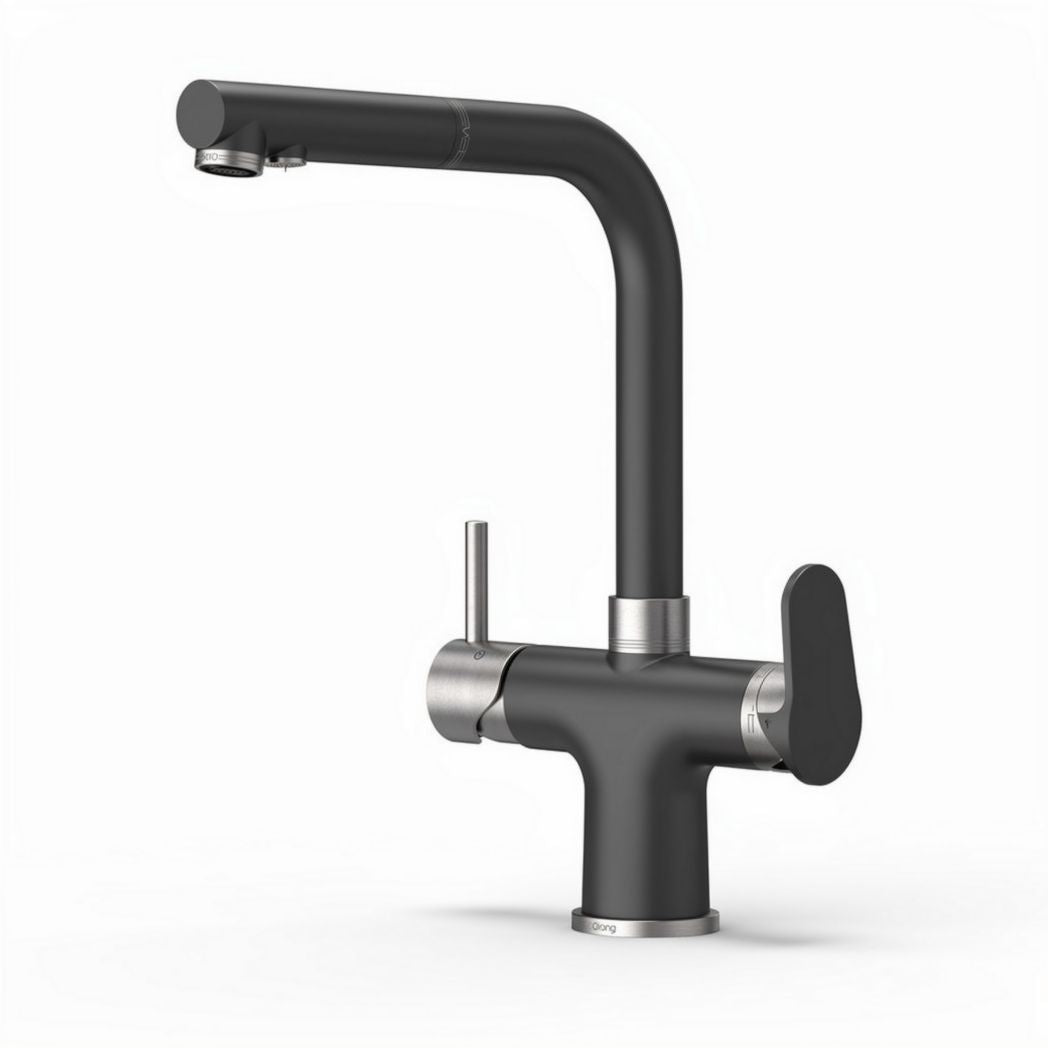 Zwarte keukenkraan met hoog uitloop en metalen handgreep 25 x 15 x 35cm