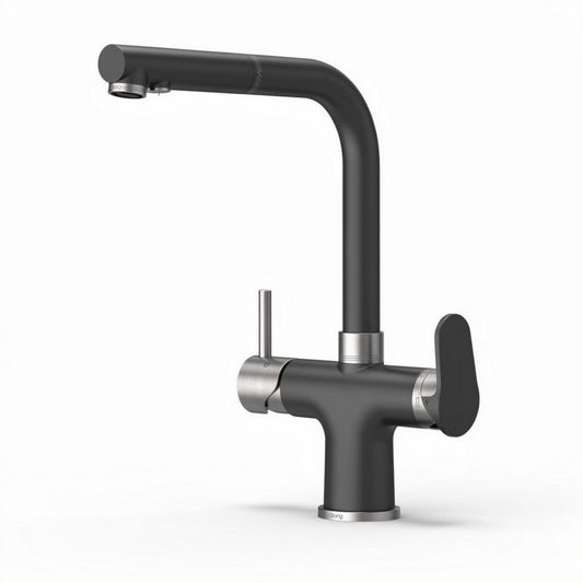 Zwarte keukenkraan met hoog uitloop en metalen handgreep 25 x 15 x 35cm